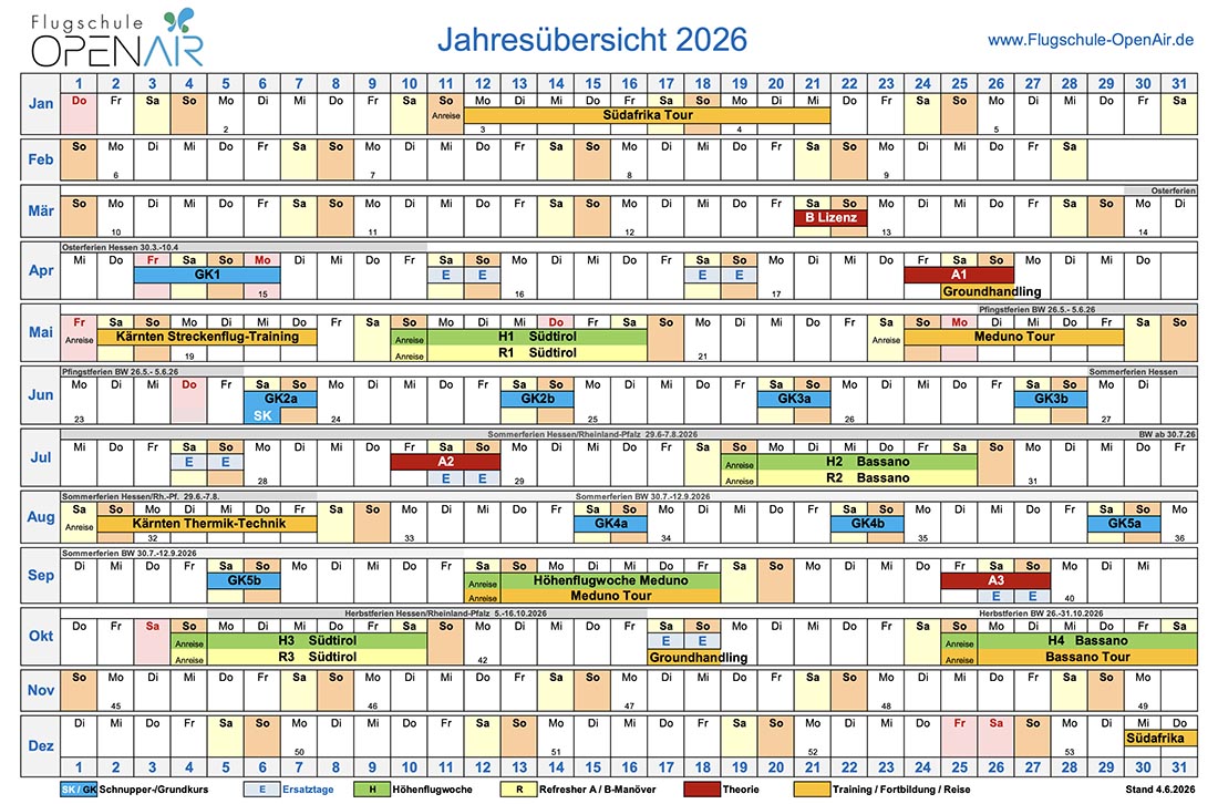 Flugschule Opeinair - Kalender Kurse | Reisen | Trainings 2026